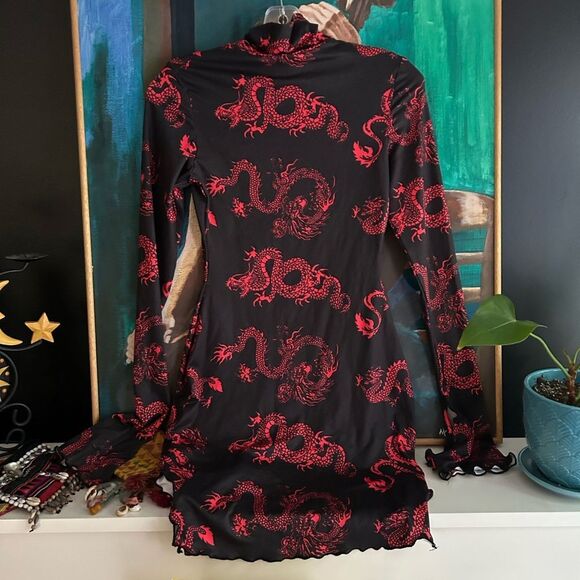 SHEIN Black and Red Dragon Print Midi Dress XS - Picture 8 of 15